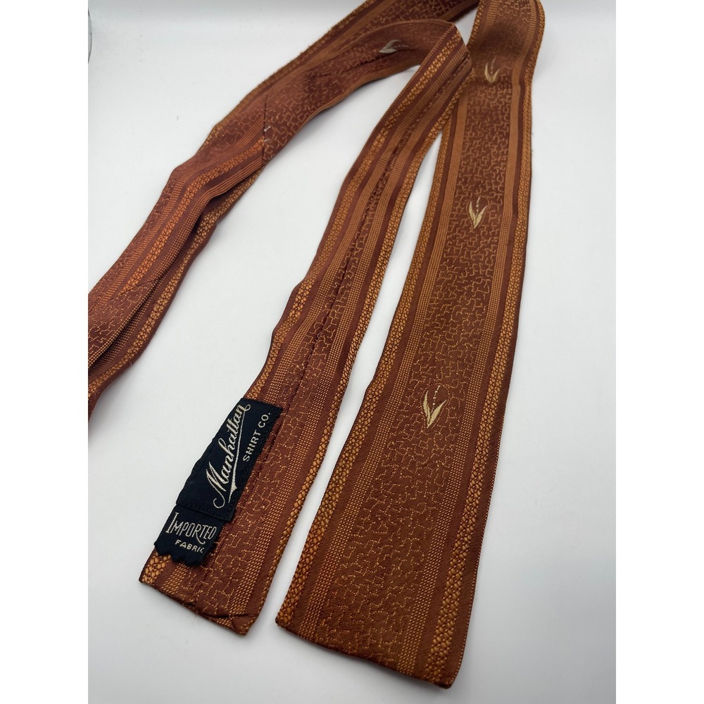 Vintage Manhattan Shirt Co Brown Textured Floral Wheat Square End Skinny Tie